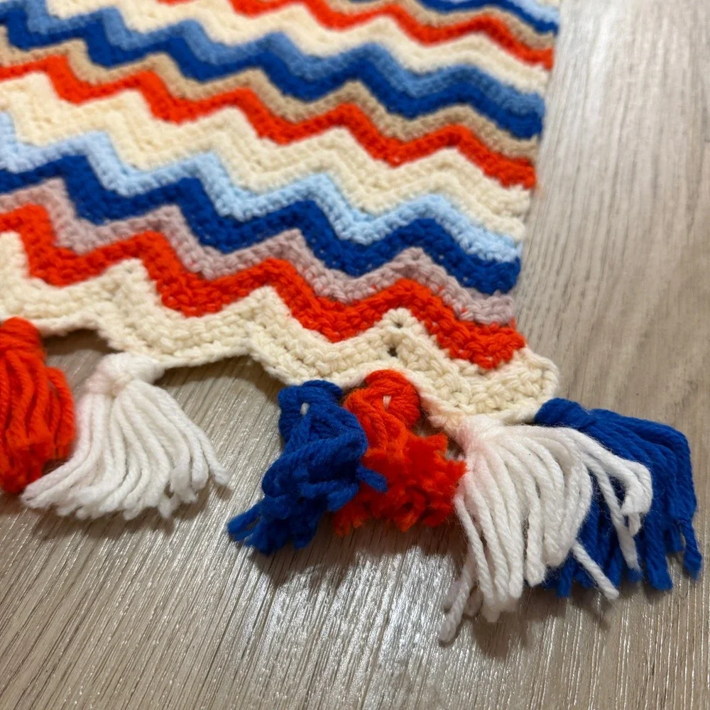 Crochet Chevron Throw Blanket 4x26 Red White‎ Blue Retro 1970s Style Afghan